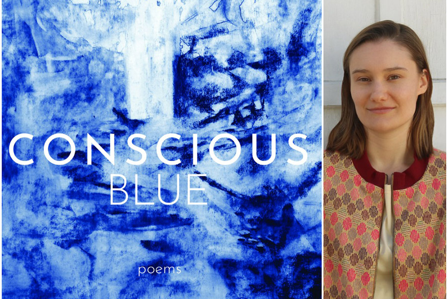 Veronica Schorr and her book cover for Conscious Blue